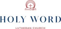 An open bible displaying a cross at sunset. Text below says Holy Word Lutheran Church